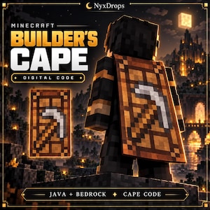 Puede incluir: Un código digital para una capa de constructor de Minecraft, con una capa marrón con un diseño de pico blanco. La imagen muestra un personaje de bloques con la capa, una vista separada de la capa y el texto NyxDrops, Minecraft Builder's Cape, Java + Bedrock Cape Code.