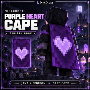 Könnte beinhalten: Ein digitaler Minecraft Purple Heart Cape Code mit einer blockartigen Spielfigur, die einen dunkelvioletten Umhang mit einem hellvioletten, pixeligen Herzdesign trägt. Der Text lautet NyxDrops, Minecraft Purple Heart Cape, Digital Code und Java + Bedrock Cape Code.