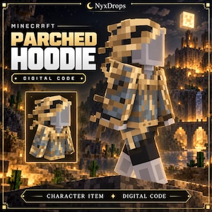 May include: A Minecraft Parched Hoodie digital code character item featuring a blocky avatar wearing a grey and gold textured hooded garment. The design includes a desert-themed aesthetic with layered gold strips over a grey base, presented with text.