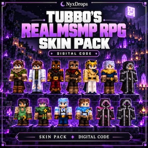 Puede incluir: Una imagen de producto digital titulada Tubbo's Realmsmp RPG Skin Pack que muestra trece skins de personajes estilo Minecraft. Los personajes se muestran en dos filas sobre un fondo de castillo de fantasía morado con acentos brillantes.