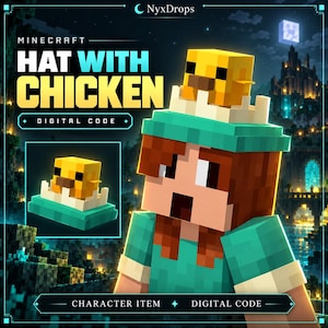Puede incluir: Un código digital de Minecraft para un objeto de personaje que consiste en un sombrero con un pollo. El gráfico muestra un personaje de bloques con un sombrero verde azulado coronado por un pollo amarillo en un nido blanco. Texto: MINECRAFT HAT WITH CHICKEN.