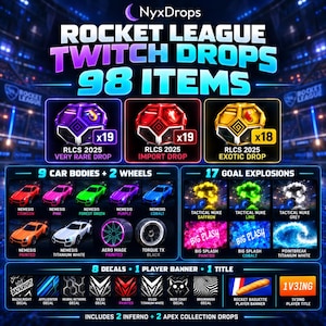 Op de afbeelding: Een digitale afbeelding voor Rocket League Twitch Drops met 98 items. Het toont drie gekleurde loot crates, negen autocarrosserieën, twee wielen, zeventien doelpunt-explosies, acht decals, een spelerbanner en een titel, allemaal voorzien van namen.