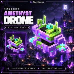 Może przedstawiać: Cyfrowy kod do przedmiotu postaci Minecraft Amethyst Drone. Grafika przedstawia klockowego, pikselowego drona w odcieniach fioletu, limonki i cyjanu, na tle ciemnego, nastrojowego krajobrazu z efektami świecącego fioletowego światła.