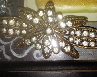 Antique Brass and Rhinestone Brooch