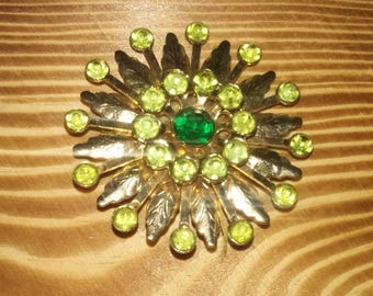 Green Rhinestone Flower Brooch