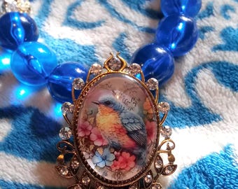Spring Blue Beaded Necklace with Bluebird Cameo Pendant (24 inches)