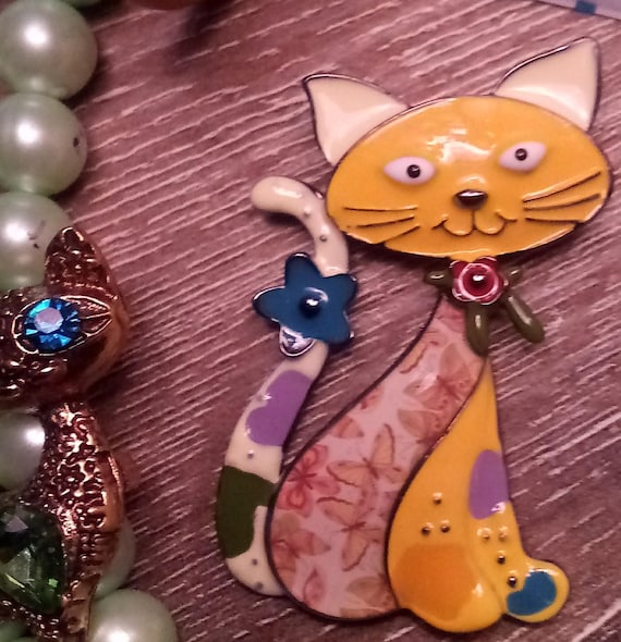 Enamel Patchwork Cat Brooch - image 1