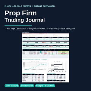Può includere: Un diario di trading digitale per Prop Firm compatibile con Excel e Google Sheets, dotato di una dashboard con registro delle operazioni, tracker dei drawdown e delle perdite giornaliere, controllo di coerenza e grafici di rendimento.