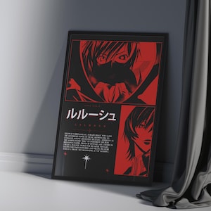 Puede incluir: Un póster rectangular con marco negro que presenta un diseño gráfico en rojo y negro de un personaje de anime. El póster muestra el texto en japonés "ルルーシュ" y el texto en inglés "LELOUCH" junto a un párrafo de texto descriptivo y un icono de estrella.