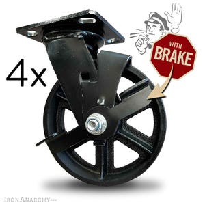 7 1/2&quot; Industrial Black Casters With Brakes, Vintage Style Kitchen Island Caster Wheels