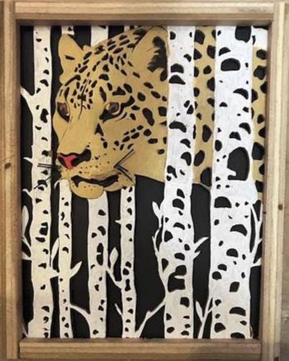 Handcrafted Scroll Woodwork: Jaguar in Birch Forest (One of a Kind)