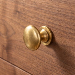 May include: A round, brushed brass cabinet knob with a smooth, domed surface and a circular base plate, mounted onto a flat, medium-brown wood panel with a visible grain pattern. The hardware features a warm, metallic finish with subtle texture.