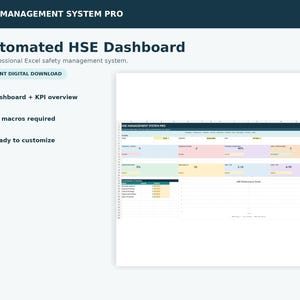 Peut inclure: Un tableau de bord Excel automatisé HSE Management System Pro présentant une interface de gestion de la sécurité avec des aperçus KPI, des tableaux de données et des graphiques de tendances. Le modèle numérique inclut des sections pour les métriques et le suivi.