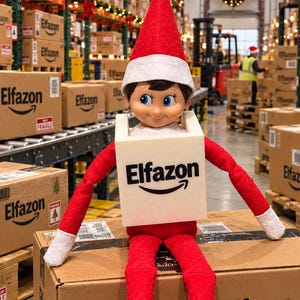 May include: A doll with a red pointed hat and white trim, wearing a white box with the black text Elfazon and a curved arrow logo. The doll has red sleeves and pants with white cuffs, sitting on a brown cardboard box labeled Elfazon.