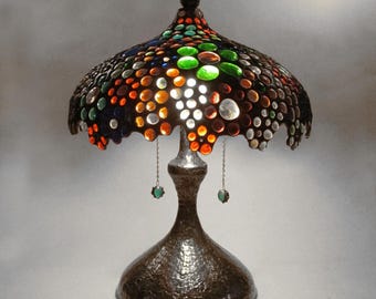 Stained glass table lamp - multi colored jewels - one of a kind - large