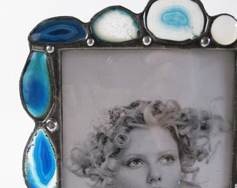 5 X 7 picture frame - vertical - Slice blue crystals, glass jewels, solder - One of a kind