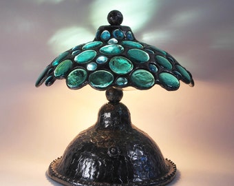 Stained glass table lamp - Teal color art glass jewels