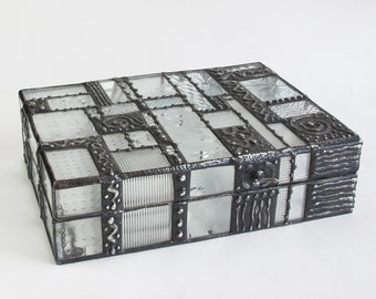 X large Jewelry box - patchwork of clear patterned glass - deco style