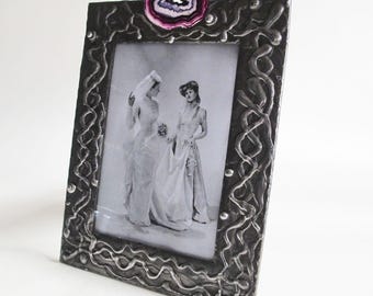 Stained Glass Picture Frame 5x7- Agate crystal stone -  Abstract Design, Pewter Finish  - one of a kind