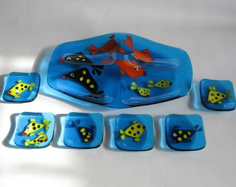 Pu Pu Plater with 6 individuals small side plates - Fused glass