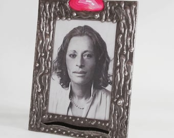 Stained Glass Picture Frame 5x7- Agate crystal stone -  Abstract Design, Pewter Finish  - one of a kind