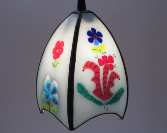 Stained glass light blue glass pendant light - Fused, hand painted, slumped.