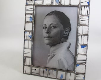 Picture frame - confetti art glass - vertical or horizontal - Blue, white and black