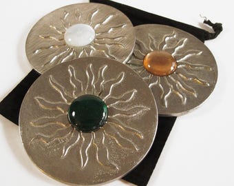 Purse mirror - Sun - Cast pewter - White, peach, green glass jewels