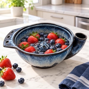 Op de afbeelding: Een diepe, ronde keramische bessenzeef met een blauw en wit gevlekt glazuur. De kom is voorzien van een centrale afvoerkoepel, een zijhandvat met drie ronde gaten en een grote schenktuit. Verse aardbeien en bosbessen vullen de kom.