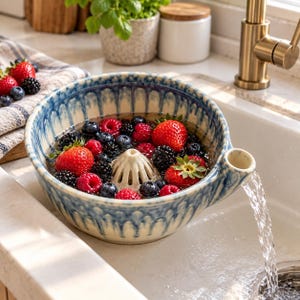 Handmade Ceramic Berry Vortex Washing Bowl, Fruit Colander with Spout, Berry Spinner, Strawberry Blueberry Rinser