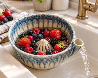 Handmade Ceramic Berry Vortex Washing Bowl, Fruit Colander with Spout, Berry Spinner, Strawberry Blueberry Rinser