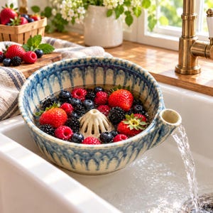May include: A ceramic berry colander with a blue and cream drip glaze pattern, featuring a central cone and a side spout. The bowl is filled with fresh strawberries, raspberries, and blackberries being rinsed with water in a white sink.