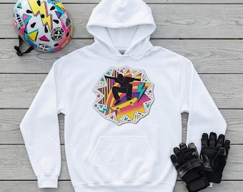 Hoodie 80s Skateboard , Neon Geometric Skater , 90s Vintage Graphic.  | Gildan® 18500