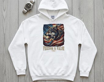 Patriotic Wolf Hoodie,  Freedom Valor USA, Gift for Men Dad Veteran | Gildan® 18500
