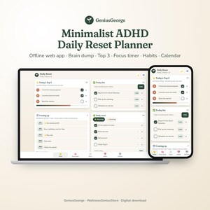 Minimalistische Web-App für ADHS-Tagesplaner, Brain Dump, Top 3, Fokus-Timer, Gewohnheitstracker, Offline-Planer für Smartphone und Computer