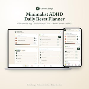Minimalistische Web-App für ADHS-Tagesplaner, Brain Dump, Top 3, Fokus-Timer, Gewohnheitstracker, Offline-Planer für Smartphone und Computer
