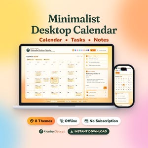 Minimalist Desktop Calendar App 2026-2050+, Interactive Digital Planner with Daily Tasks and Notes, Works Offline for Mac & Windows,