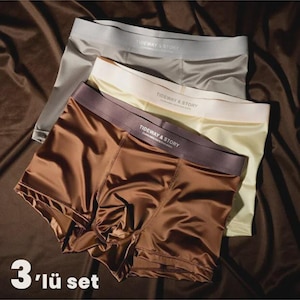 May include: A set of three boxer briefs in brown, cream, and grey, each featuring a wide elastic waistband with the text TIDEWAY & STORY printed on the front. The fabric has a smooth, satin-like finish, and the text 3'lü set is visible.
