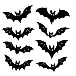May include: A collection of eight black bat silhouettes arranged in two vertical columns. Each bat features pointed ears, outstretched wings with visible membrane details, and two small white circular eyes set against the solid black body shapes.