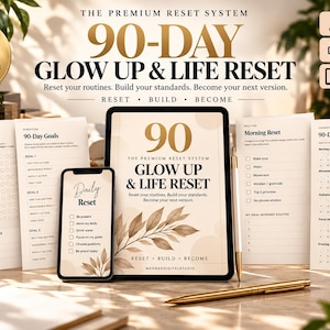 Könnte beinhalten: Ein 34-seitiges digitales Planer-Set mit dem Titel 90-Day Glow Up & Life Reset, inklusive druckbarer A4-, US Letter- und Smartphone-Vorlagen. Das Set enthält Life Audit, 90-Day Goals, Daily Reset, Morning Reset und 90-Day Tracker auf Bildschirmen.