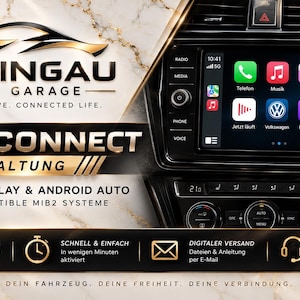 Op de afbeelding: Een autodashboarddisplay met een Apple CarPlay-interface en diverse app-pictogrammen. De afbeelding bevat de tekst RHEINGAU CODE GARAGE, APP-CONNECT FREISCHALTUNG, APPLE CARPLAY & ANDROID AUTO en PREMIUM SERVICE MADE IN GERMANY.