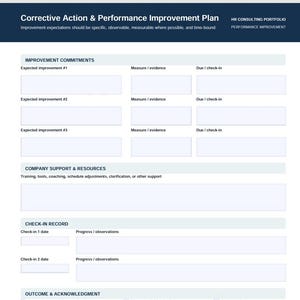 Pu&ograve; includere: Un documento bianco intitolato Corrective Action & Performance Improvement Plan con un'intestazione blu scuro. Include sezioni per impegni di miglioramento, supporto aziendale, registro dei check-in e risultati con campi vuoti da compilare.