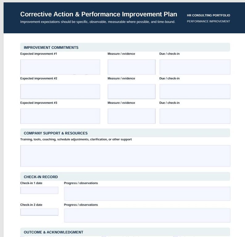 Pu&ograve; includere: Un documento bianco intitolato Corrective Action & Performance Improvement Plan con un'intestazione blu scuro. Include sezioni per impegni di miglioramento, supporto aziendale, registro dei check-in e risultati con campi vuoti da compilare.