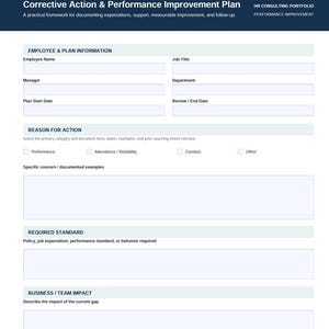 May include: A white and dark blue Corrective Action & Performance Improvement Plan document template. It features sections for Employee & Plan Information, Reason for Action, Required Standard, and Business/Team Impact with blank fields.