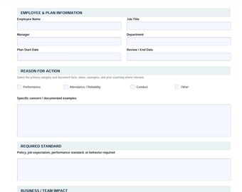 Op de afbeelding: Een wit en donkerblauw sjabloon voor een Corrective Action & Performance Improvement Plan. Het bevat secties voor werknemers- en planinformatie, reden voor actie, vereiste standaard en impact op het team met lege velden.