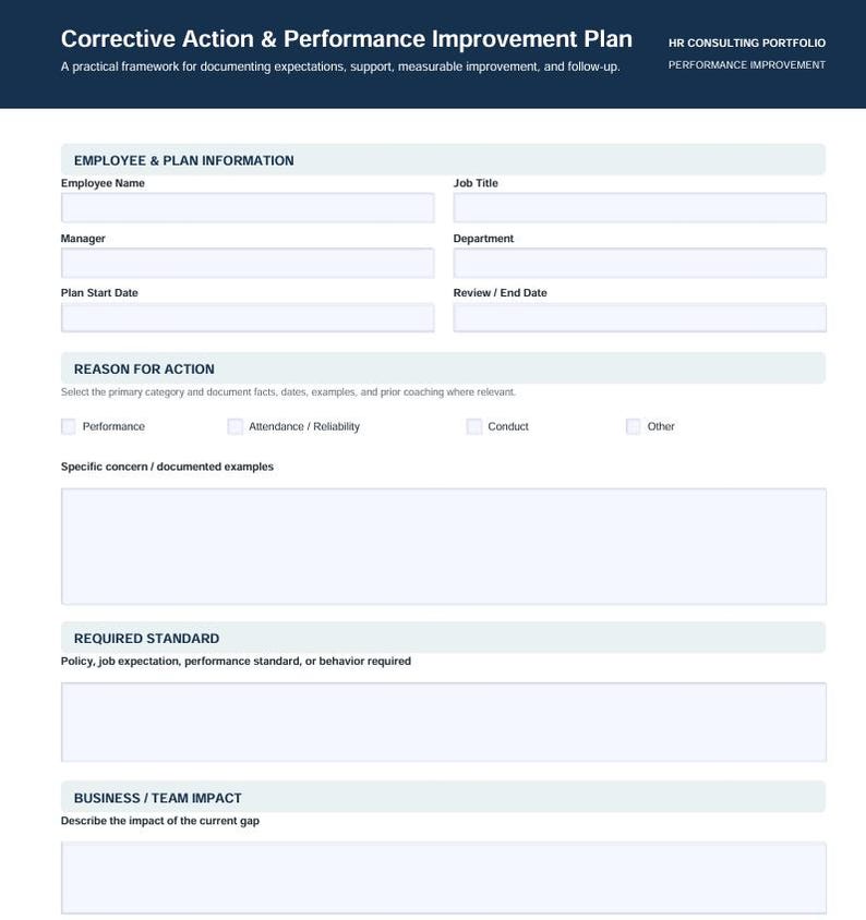 Pu&ograve; includere: Un modello di documento per il piano di azione correttiva e miglioramento delle prestazioni in bianco e blu scuro. Include sezioni per le informazioni sul dipendente, il motivo dell'azione, lo standard richiesto e l'impatto sul team.