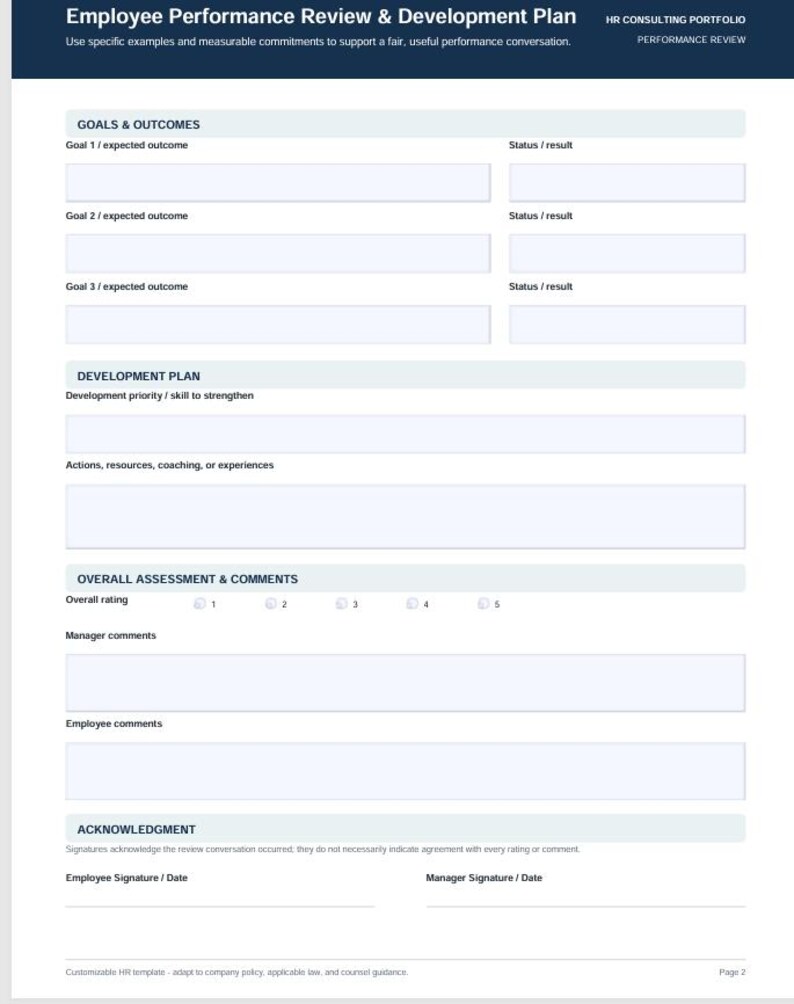 May include: A white Employee Performance Review & Development Plan document template with dark blue headers. It includes sections for Goals & Outcomes, Development Plan, Overall Assessment & Comments with a 1-5 rating scale, and an Acknowledgment section.