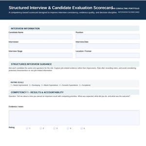 May include: A structured interview and candidate evaluation scorecard document with a dark blue header. It includes fields for interview information, structured guidance, a rating scale from 1 to 5, and a section for competency results and accountability.
