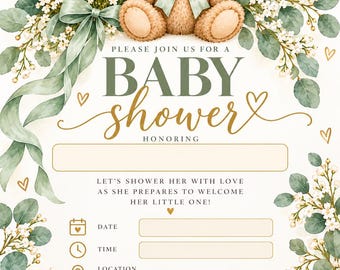 Op de afbeelding: Een uitnodigingskaart voor een babyshower met een bruine teddybeer met een saliegroene strik, omringd door ballonnen en witte bloemen. De tekst luidt: PLEASE JOIN US FOR A BABY SHOWER HONORING, LET'S SHOWER HER WITH LOVE AS SHE PREPARES TO WELCOME HER LITTLE ONE!