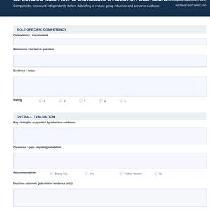 Może przedstawiać: Ustrukturyzowany formularz oceny kandydata i wywiadu z ciemnoniebieskim nagł&oacute;wkiem. Zawiera sekcje dotyczące kompetencji specyficznych dla roli, pytań behawioralnych, notatek z dowodami, skali ocen od 1 do 5 oraz opcji rekomendacji dla rekrutera.
